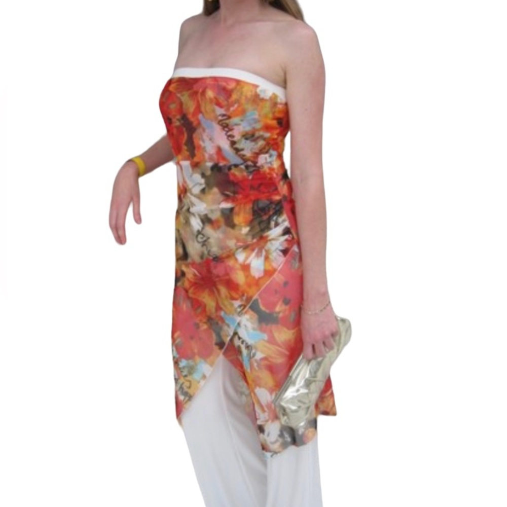 CACHÈ  Strapless Cream/Floral Cocktail Chic Jumpsuit Size M
